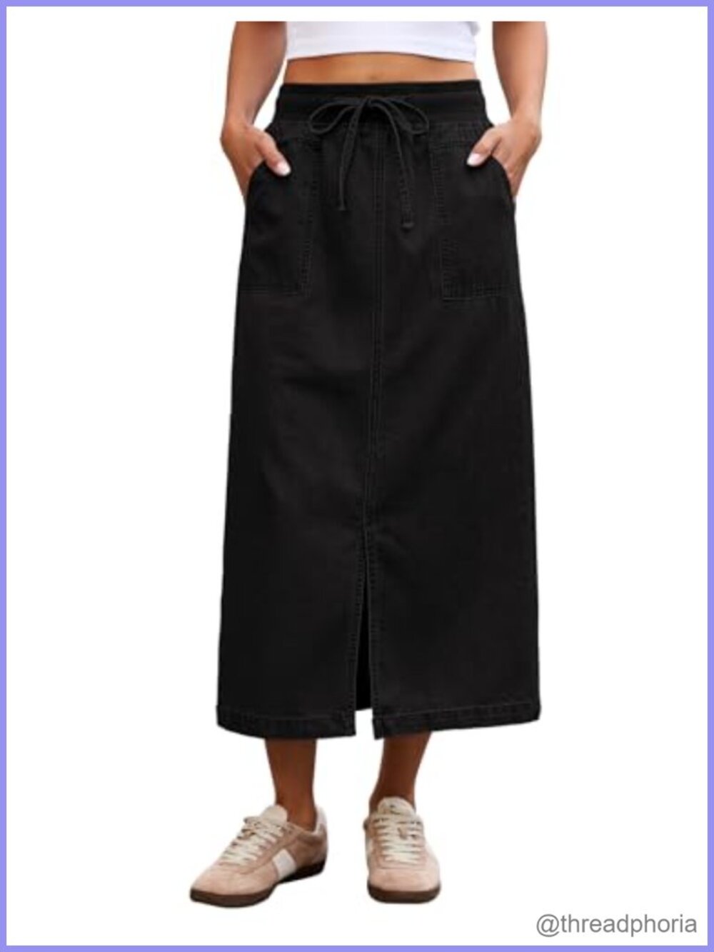 High Waisted Midi Denim Skirt Elastic Drawstring Waist Front Slit Pockets